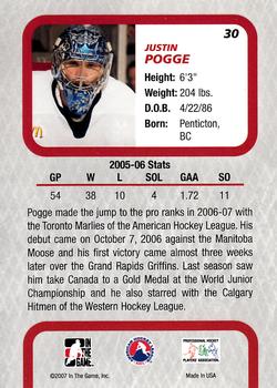 2006-07 In The Game Between The Pipes #30 Justin Pogge Back