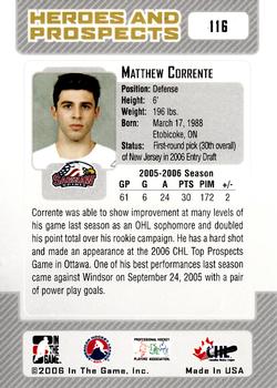 2006-07 In The Game Heroes and Prospects #116 Matthew Corrente Back