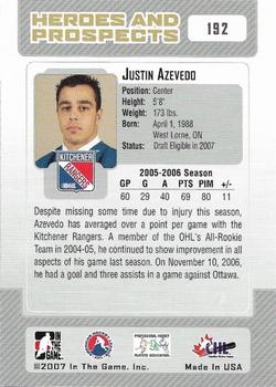 2006-07 In The Game Heroes and Prospects #192 Justin Azevedo Back