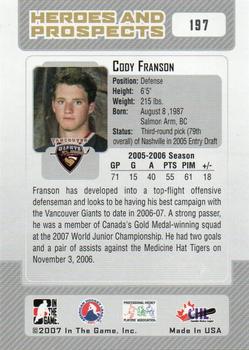 2006-07 In The Game Heroes and Prospects #197 Cody Franson Back
