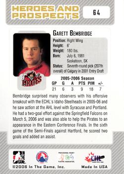 2006-07 In The Game Heroes and Prospects #64 Garett Bembridge Back
