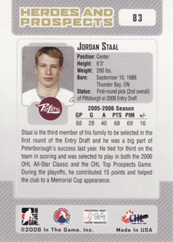 2006-07 In The Game Heroes and Prospects #83 Jordan Staal Back