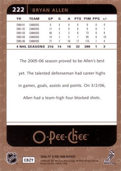 2006-07 O-Pee-Chee #222 Bryan Allen Back