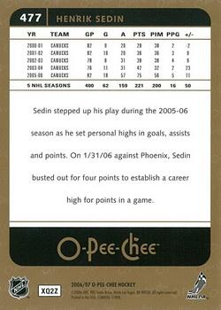 2006-07 O-Pee-Chee #477 Henrik Sedin Back