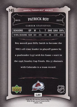 2006-07 Parkhurst #145 Patrick Roy Back