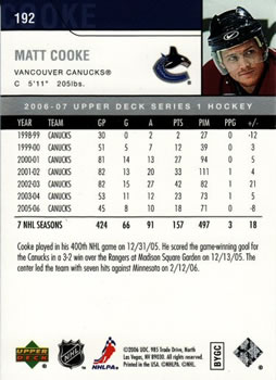 2006-07 Upper Deck #192 Matt Cooke Back