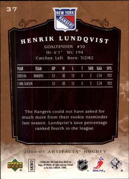 2006-07 Upper Deck Artifacts #37 Henrik Lundqvist Back