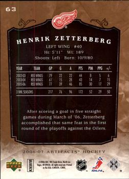 2006-07 Upper Deck Artifacts #63 Henrik Zetterberg Back
