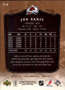 2006-07 Upper Deck Artifacts #74 Joe Sakic Back