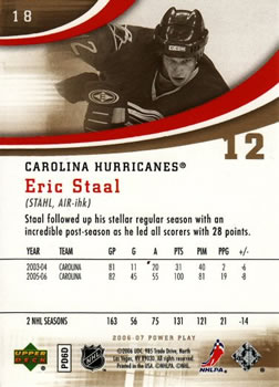 2006-07 Upper Deck Power Play #18 Eric Staal Back