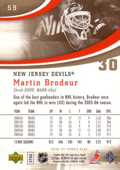 2006-07 Upper Deck Power Play #59 Martin Brodeur Back