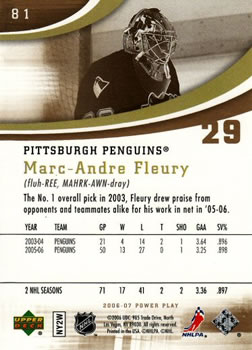2006-07 Upper Deck Power Play #81 Marc-Andre Fleury Back