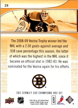 2011 Upper Deck Boston Bruins Stanley Cup Champions #29 Tim Thomas Back