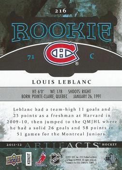 2011-12 Upper Deck Artifacts #216 Louis Leblanc Back