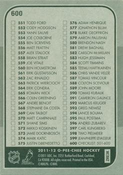 2011-12 O-Pee-Chee #600 Checklist: 501-600 Back