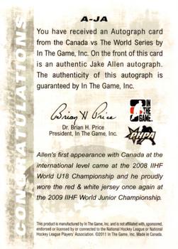 2011-12 In The Game Canada vs. The World #A-JA Jake Allen Back