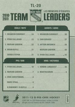 2011-12 O-Pee-Chee - Team Leaders #TL-20 Brandon Dubinsky / Ryan Callahan / Henrik Lundqvist Back