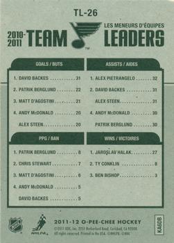 2011-12 O-Pee-Chee - Team Leaders #TL-26 David Backes / Alex Pietrangelo / Patrik Berglund / Jaroslav Halak Back