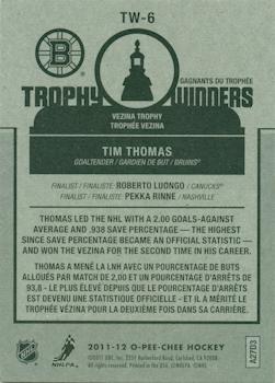 2011-12 O-Pee-Chee - Trophy Winners #TW-6 Tim Thomas Back
