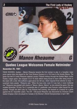 1993 Classic Pro Prospects #2 Manon Rheaume Back
