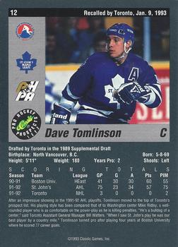 1993 Classic Pro Prospects #12 Dave Tomlinson Back