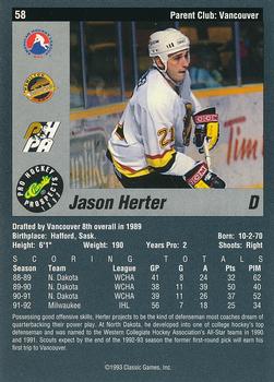 1993 Classic Pro Prospects #58 Jason Herter Back