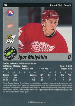 1993 Classic Pro Prospects #86 Igor Malykhin Back