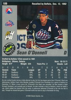 1993 Classic Pro Prospects #109 Sean O'Donnell Back