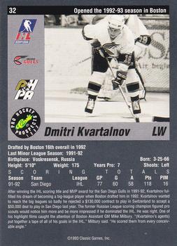 1993 Classic Pro Prospects #32 Dmitri Kvartalnov Back