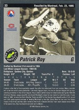 1993 Classic Pro Prospects #33 Patrick Roy Back