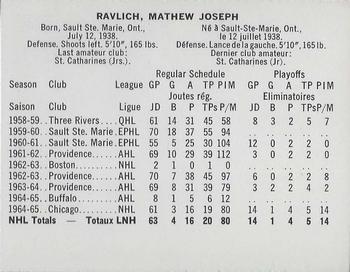 1965-66 Coca-Cola NHL Players #NNO Matt Ravlich Back