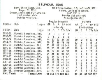 1965-66 Coca-Cola NHL Players #NNO Jean Beliveau Back