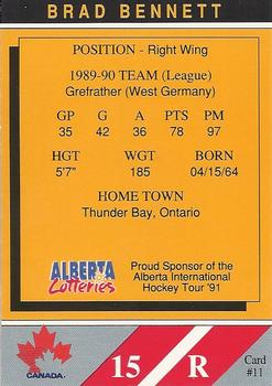 1990-91 Alberta Lotteries Team Canada #11 Brad Bennett Back