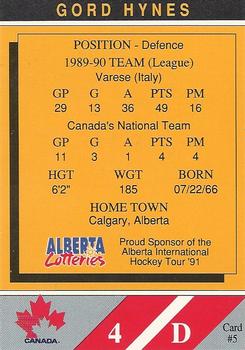 1990-91 Alberta Lotteries Team Canada #5 Gord Hynes Back