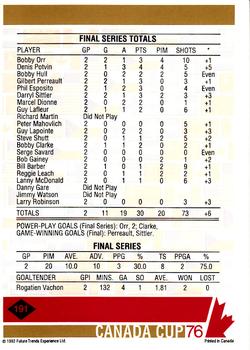 1992 Future Trends '76 Canada Cup #191 Canada Final Series Totals Back