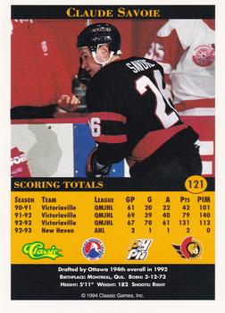 1994 Classic Pro Hockey Prospects #121 Claude Savoie Back