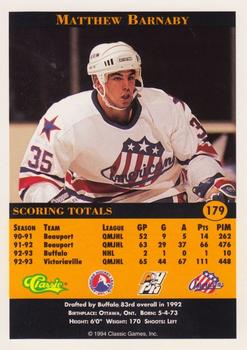 1994 Classic Pro Hockey Prospects #179 Matthew Barnaby Back