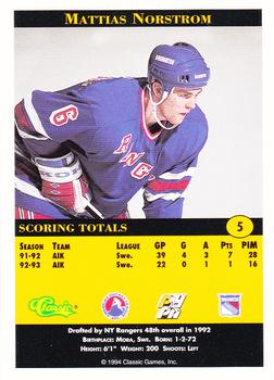 1994 Classic Pro Hockey Prospects #5 Mattias Norstrom Back