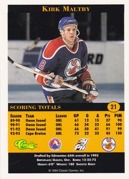 1994 Classic Pro Hockey Prospects #21 Kirk Maltby Back