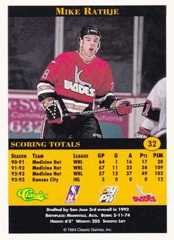 1994 Classic Pro Hockey Prospects #32 Mike Rathje Back