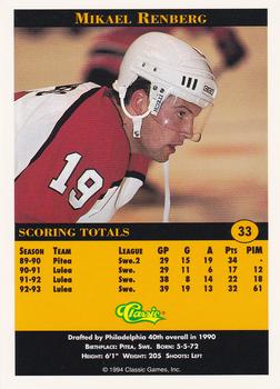 1994 Classic Pro Hockey Prospects #33 Mikael Renberg Back