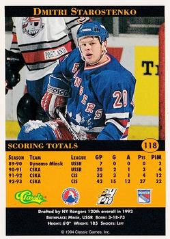 1994 Classic Pro Hockey Prospects #118 Dmitri Starostenko Back
