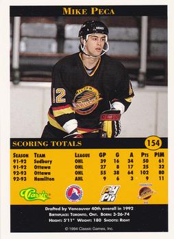 1994 Classic Pro Hockey Prospects #154 Mike Peca Back