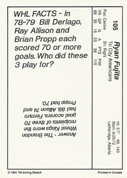 1990-91 7th Inning Sketch WHL #105 Ryan Fujita Back
