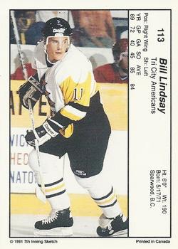 1990-91 7th Inning Sketch WHL #113 Bill Lindsay Back