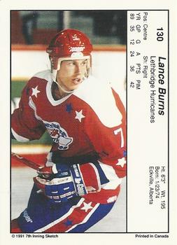 1990-91 7th Inning Sketch WHL #130 Lance Burns Back