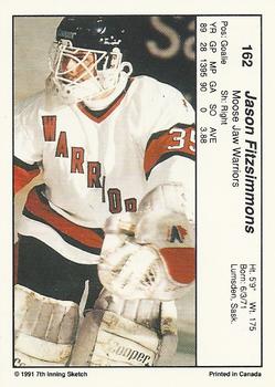 1990-91 7th Inning Sketch WHL #162 Jason Fitzsimmons Back