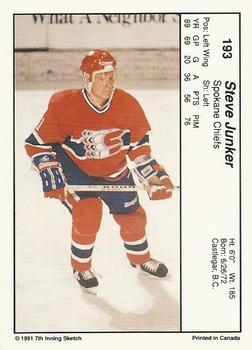 1990-91 7th Inning Sketch WHL #193 Steve Junker Back