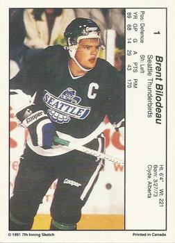 1990-91 7th Inning Sketch WHL #1 Brent Bilodeau Back