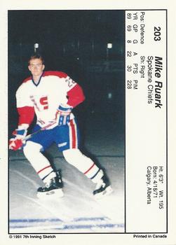 1990-91 7th Inning Sketch WHL #203 Mike Ruark Back